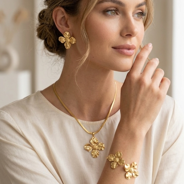 Anti Tarnish Combo Set with 1 Pair of Earring, Bracelet, Necklace and Ring