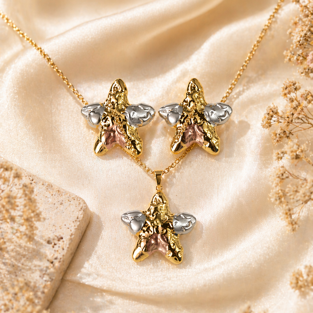 Anti Tarnish 3-Tone Combo Set with 1 pair of earring and Necklace 13