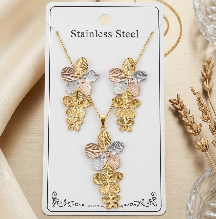 Anti Tarnish 3-Tone Combo Set with 1 pair of earring and Necklace 10