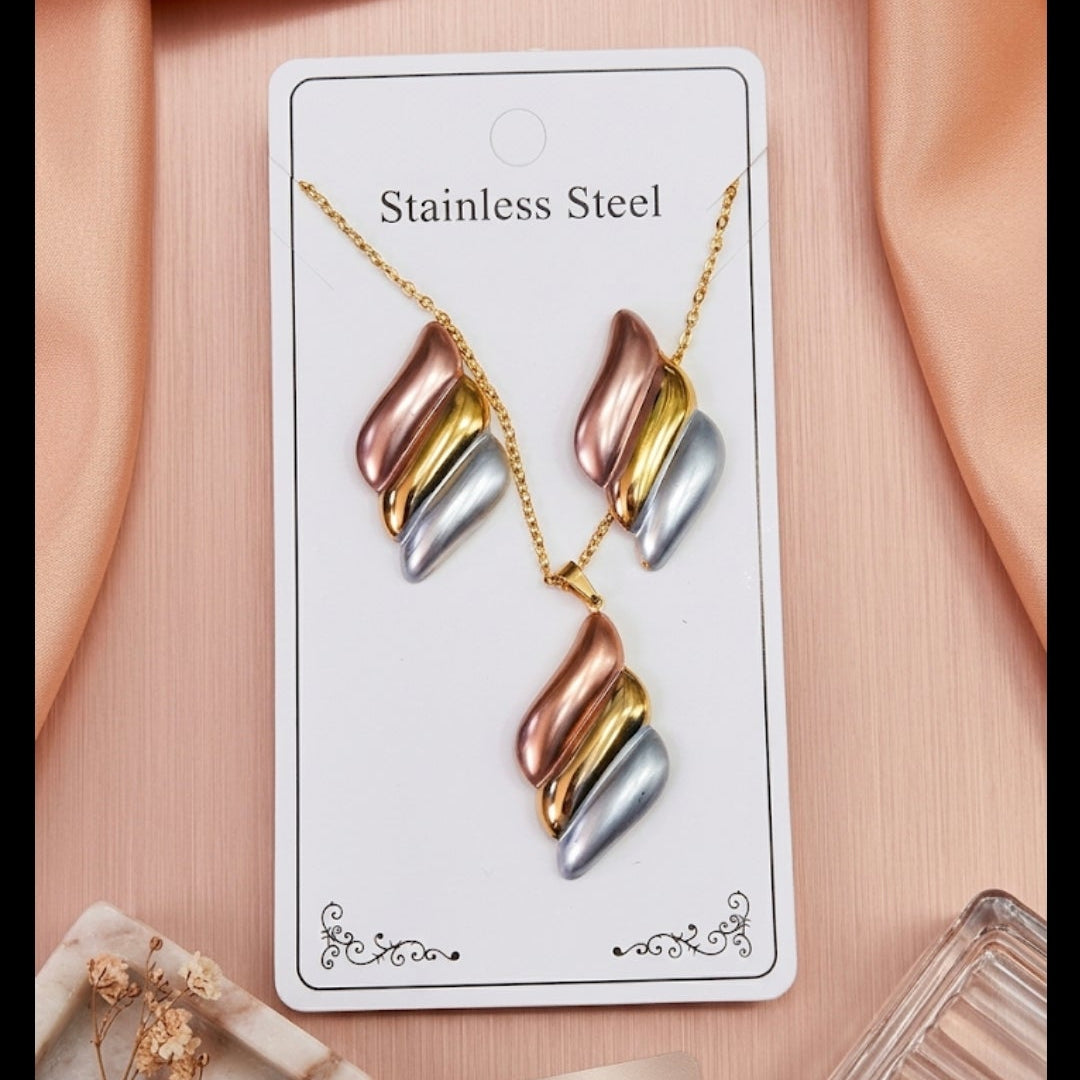 Anti Tarnish 3-Tone Combo Set with 1 pair of earring and Necklace 12