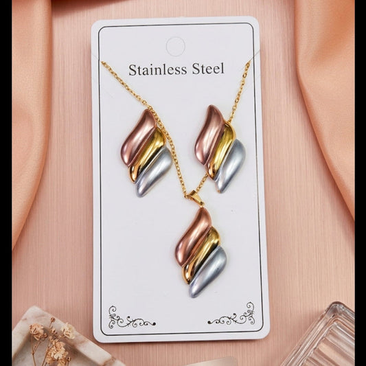 Anti Tarnish 3-Tone Combo Set with 1 pair of earring and Necklace 12