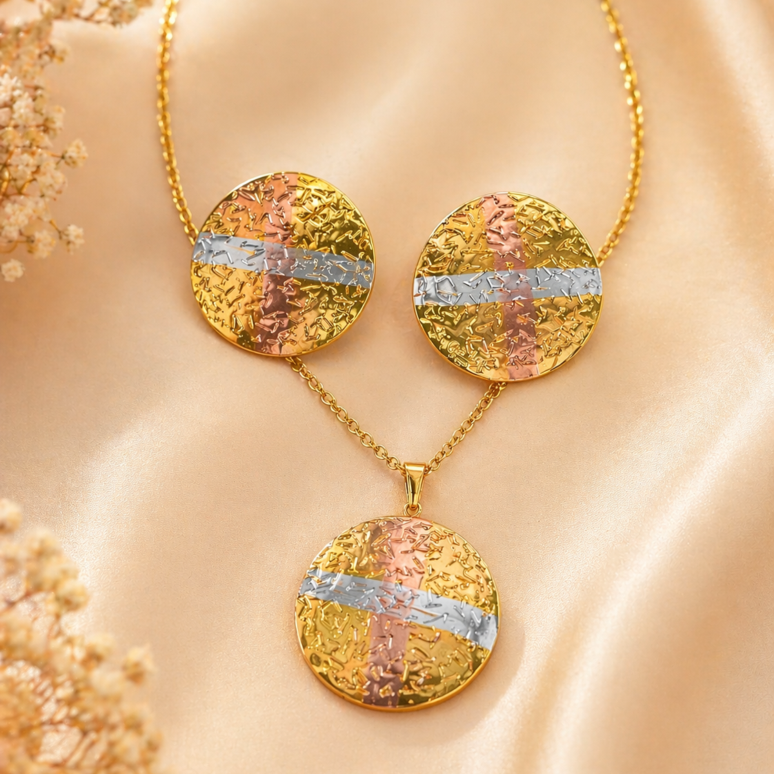 Anti Tarnish 3-Tone Combo Set with 1 pair of earring and Necklace 9