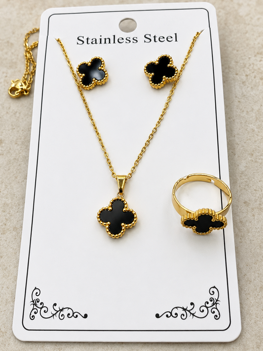 Anti Tarnish Chain clover Necklace, ring and Earring combo set (9055)