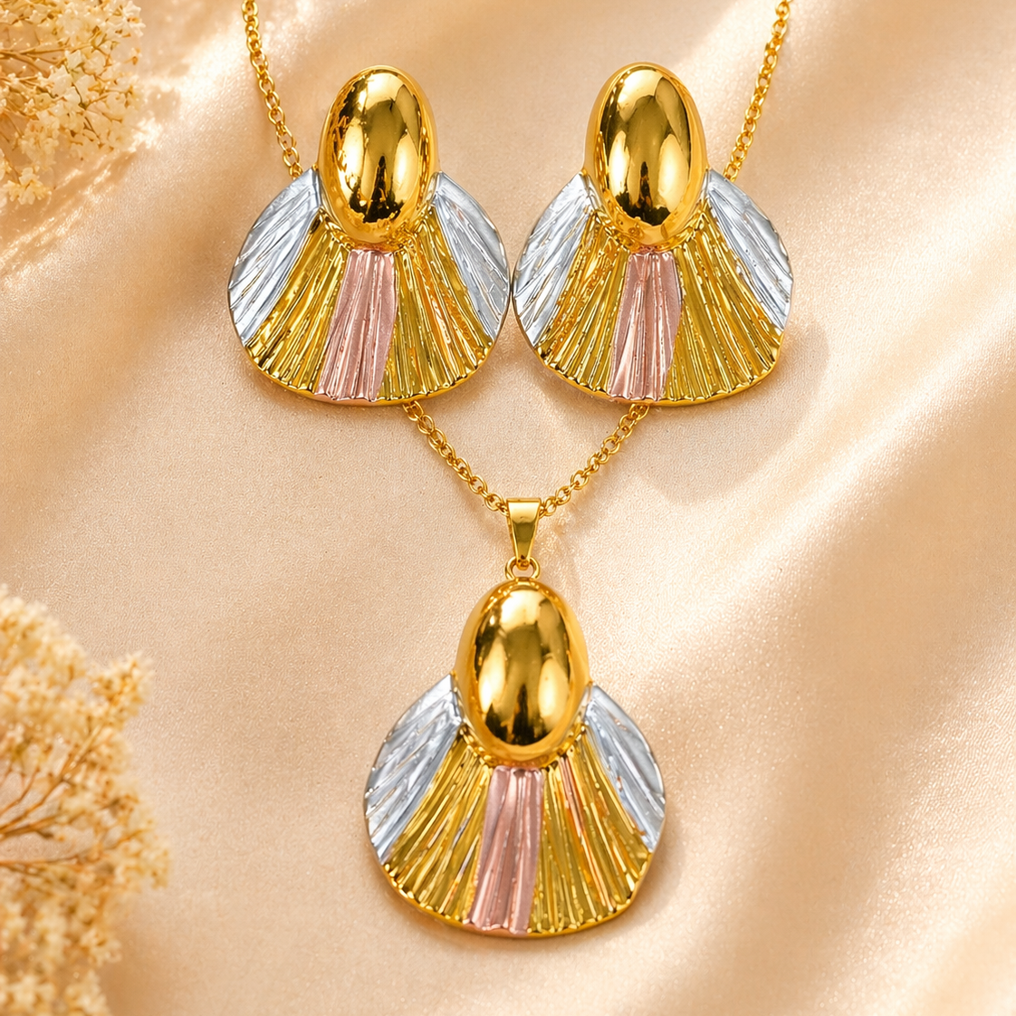 Anti Tarnish 3-Tone Combo Set with 1 pair of earring and Necklace 11