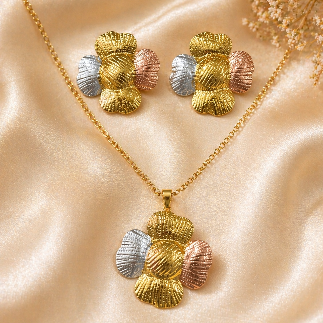 Anti Tarnish 3-Tone Combo Set with 1 pair of earring and Necklace 7