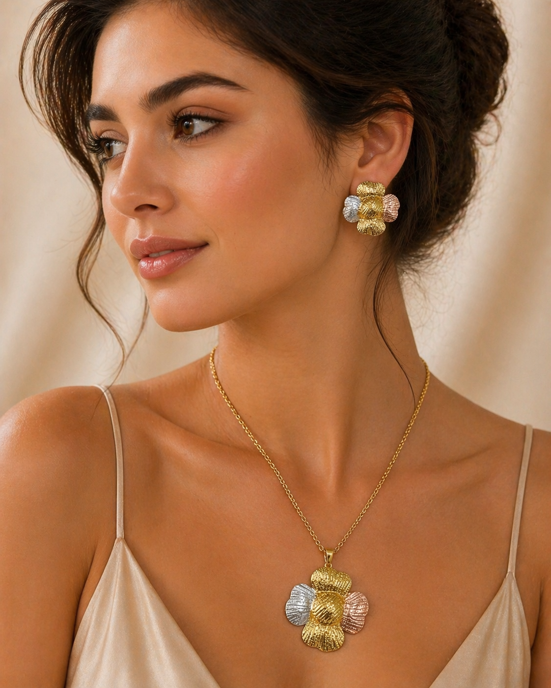 Anti Tarnish 3-Tone Combo Set with 1 pair of earring and Necklace 7