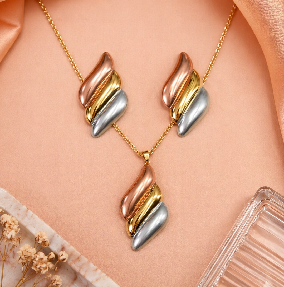 Anti Tarnish 3-Tone Combo Set with 1 pair of earring and Necklace 12