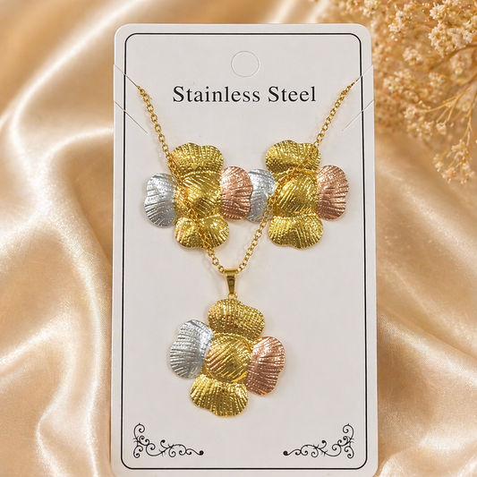 Anti Tarnish 3-Tone Combo Set with 1 pair of earring and Necklace 7