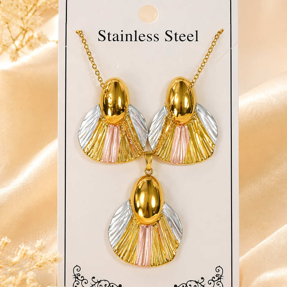 Anti Tarnish 3-Tone Combo Set with 1 pair of earring and Necklace 11