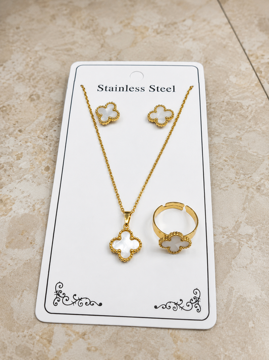 Anti Tarnish clover Necklace, ring ring and Earring combo set