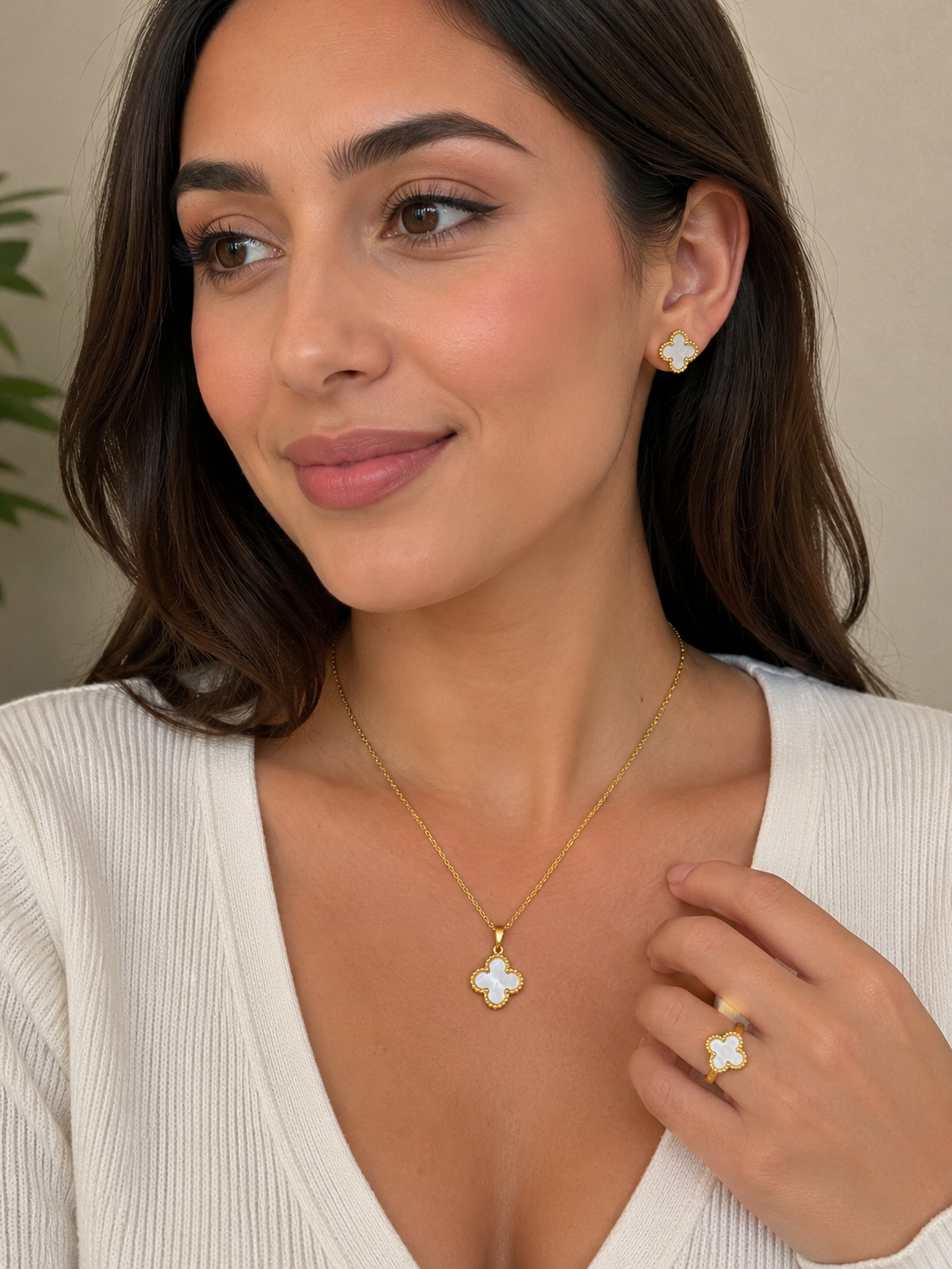 Anti Tarnish clover Necklace, ring ring and Earring combo set