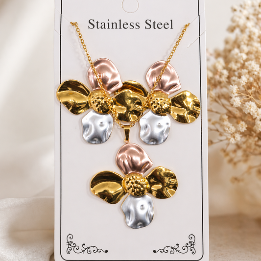 Anti Tarnish 3-tone combo set with 1 pair of earring and Necklace 3