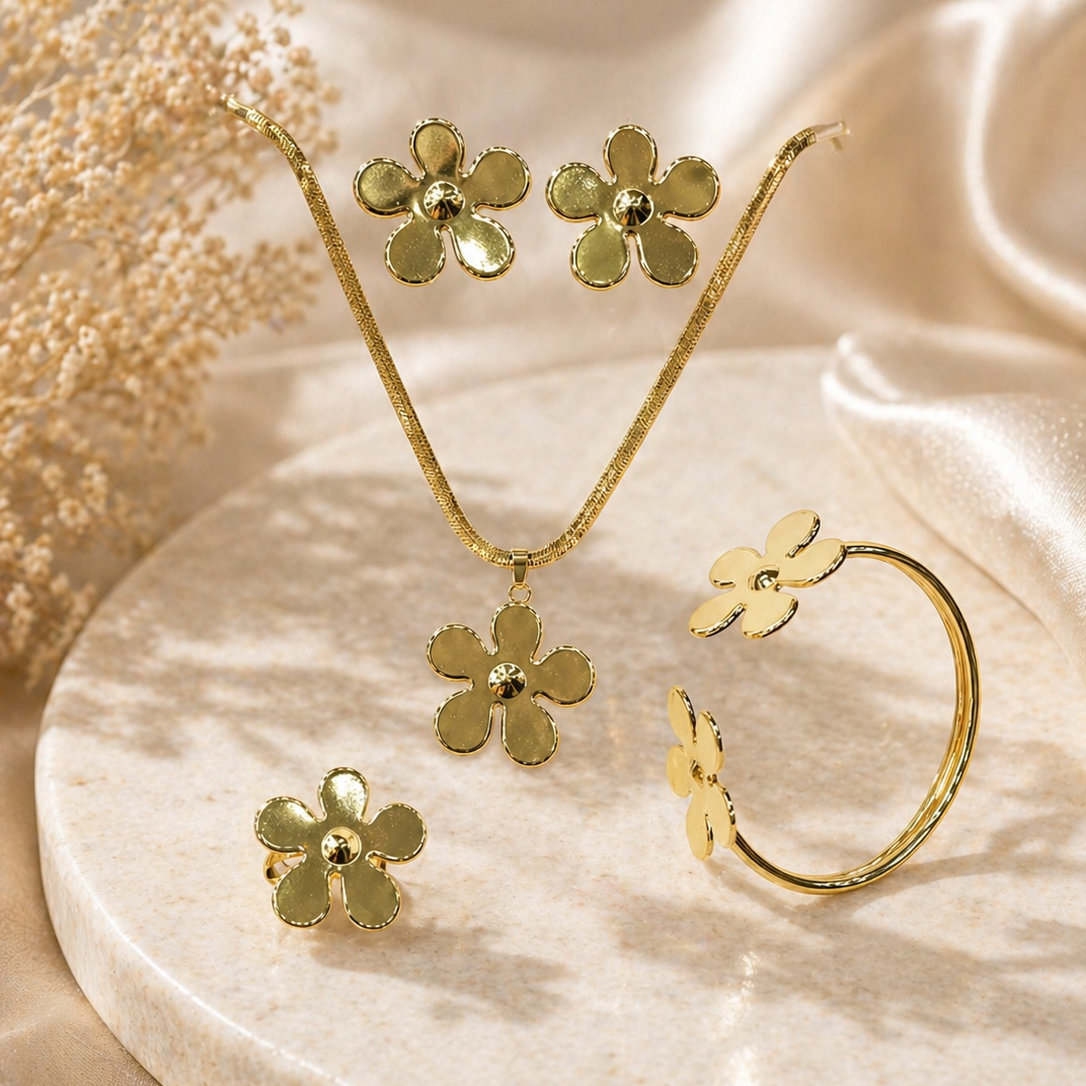 Anti Tarnish Combo Set With 1 Pair of Earring, Bracelet, Necklace and Ring