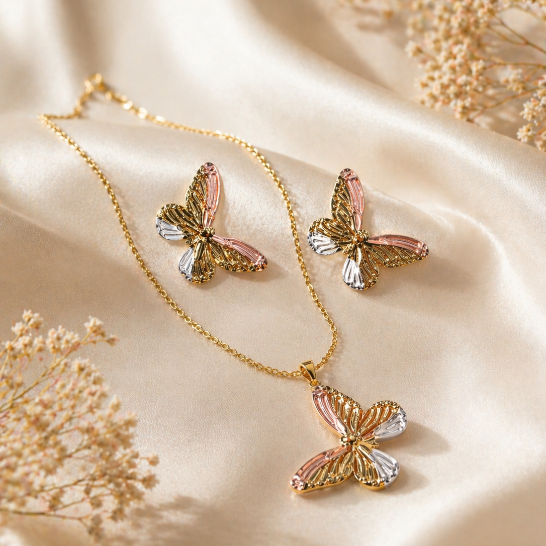 Anti Tarnish 3-tone combo set with 1 pair of earring and Necklace 1 (9095)