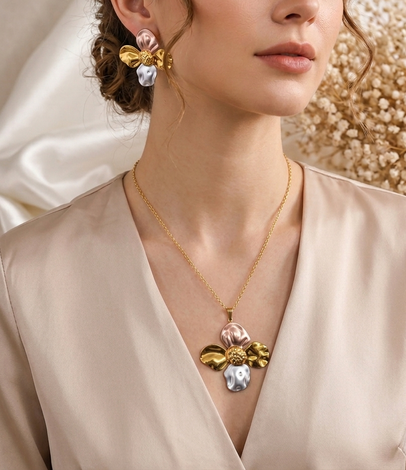 Anti Tarnish 3-tone combo set with 1 pair of earring and Necklace 3