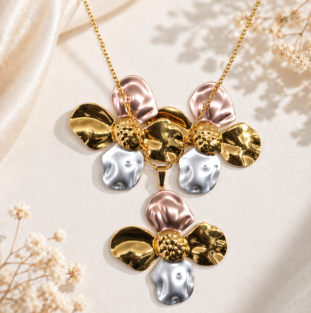 Anti Tarnish 3-tone combo set with 1 pair of earring and Necklace 3
