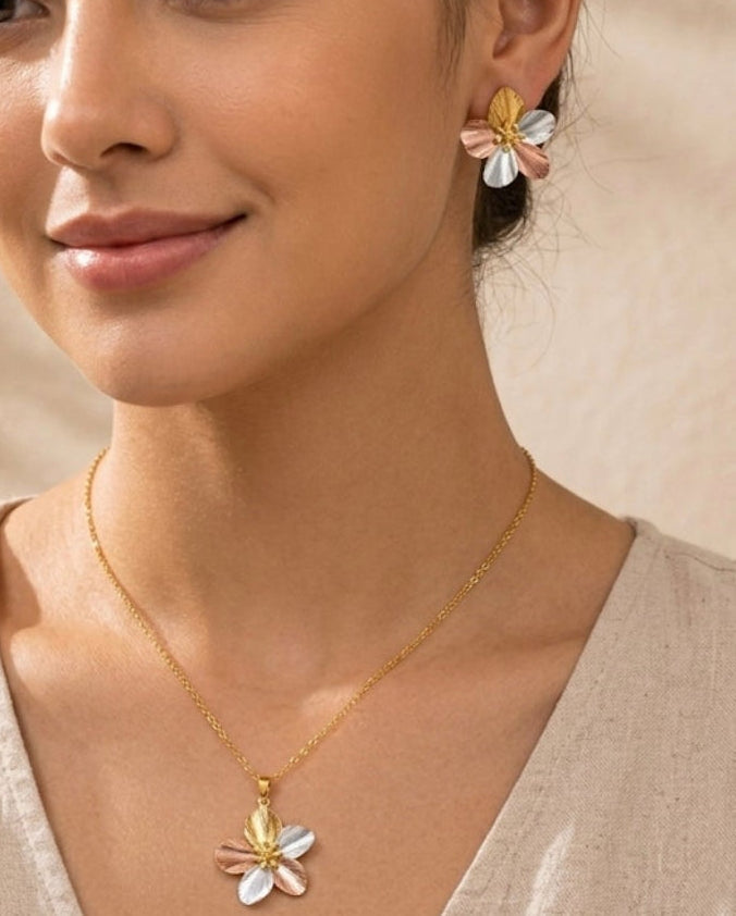 Anti Tarnish 3-tone combo set with 1 pair of earring and Necklace 5