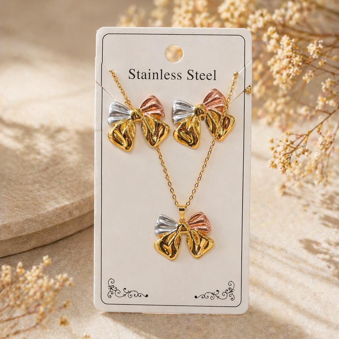 Anti Tarnish 3-tone combo set with 1 pair of earring and Necklace 2