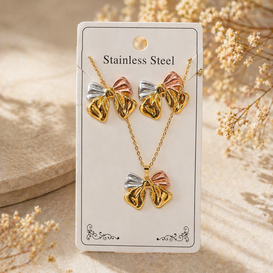 Anti Tarnish 3-tone combo set with 1 pair of earring and Necklace 2
