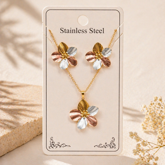 Anti Tarnish 3-tone combo set with 1 pair of earring and Necklace 5
