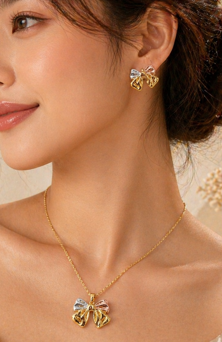 Anti Tarnish 3-tone combo set with 1 pair of earring and Necklace 2