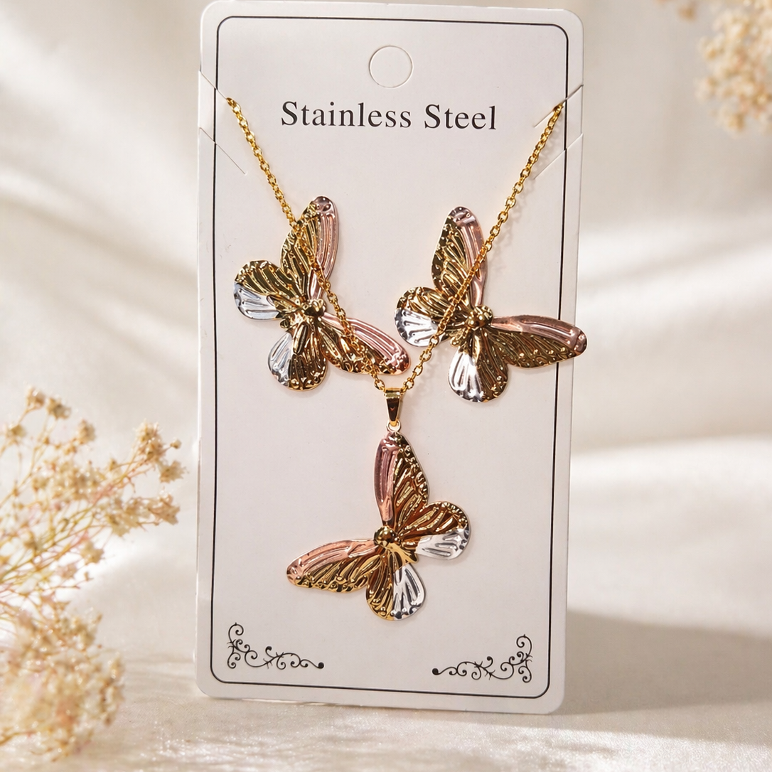 Anti Tarnish 3-tone combo set with 1 pair of earring and Necklace 1 (9095)