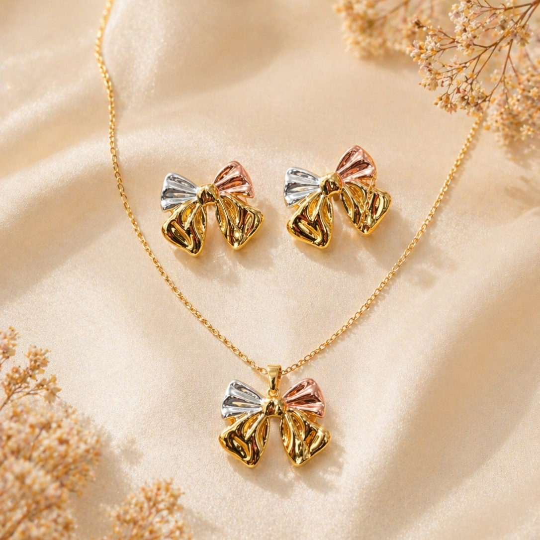 Anti Tarnish 3-tone combo set with 1 pair of earring and Necklace 2