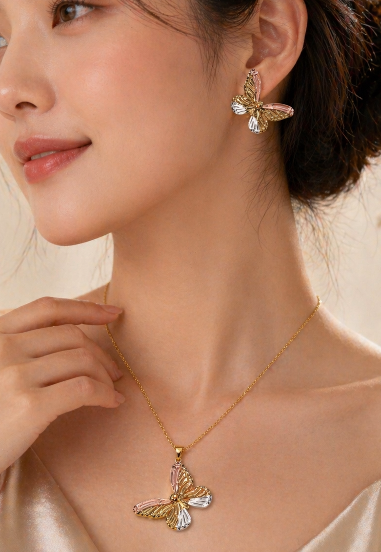 Anti Tarnish 3-tone combo set with 1 pair of earring and Necklace 1 (9095)